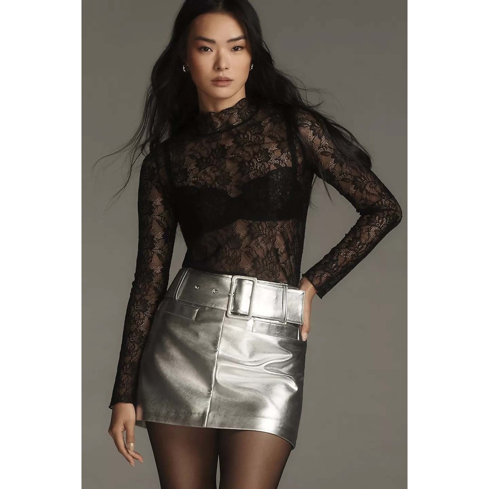 By Anthropologie Black Lace Layering Turtleneck Top Sheer Mock Neck Long Sleeve